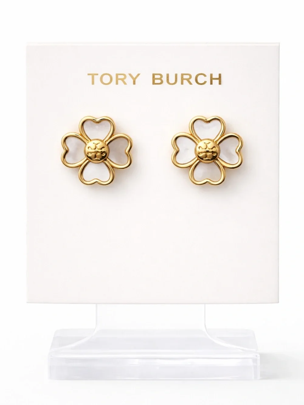 Tory Burch Forget Me Not Mother-of-Pearl Four-Leaf Clover Metal Stud Earrings
